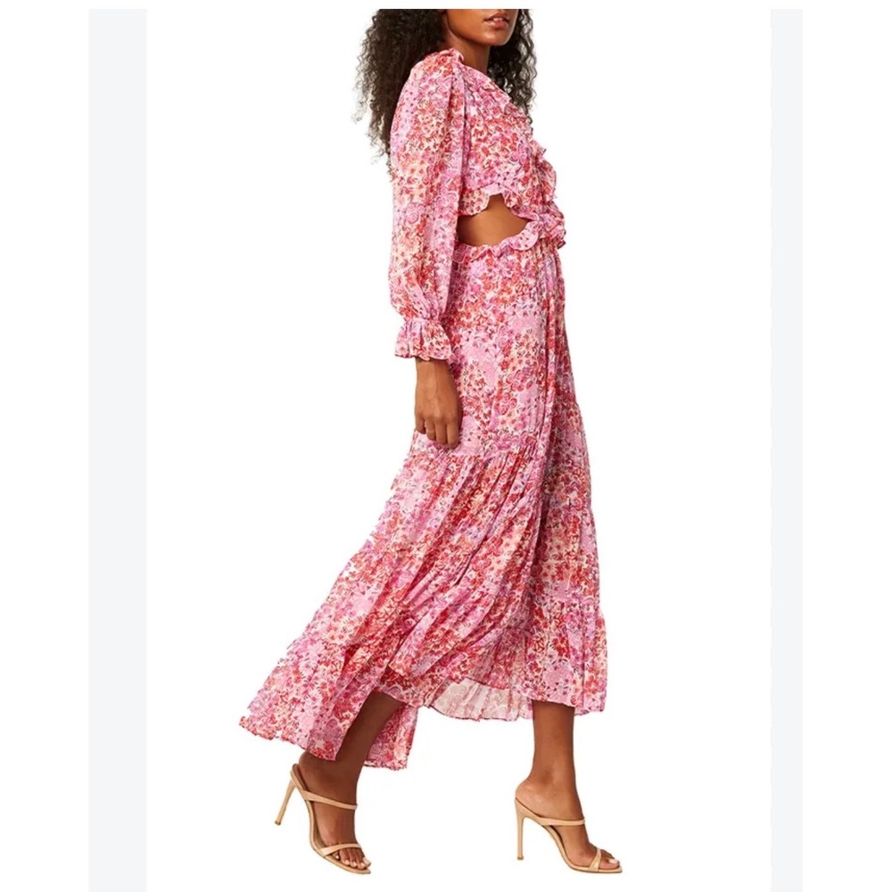 MISA Los Angeles Pink Floral Ruffle Maxi Dress Womens Medium Long Sleeve Chiffon